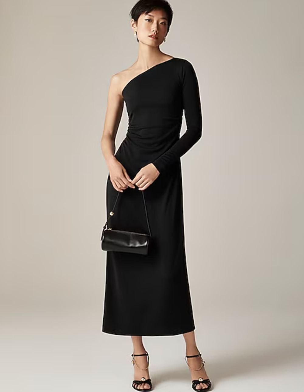 J.Crew One Shoulder Dress Jersey Knit Crepe Draped Ruched Long Black XS NWT